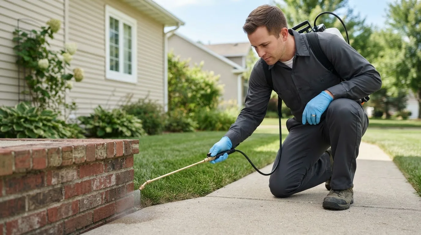 Pest control technician treating a home near Houstonia, MO