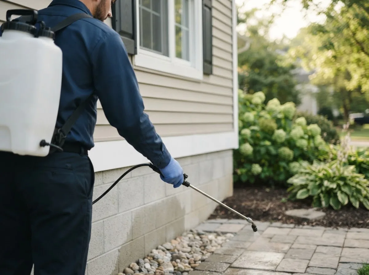 Pest control technician inspecting a home in Houstonia, MO